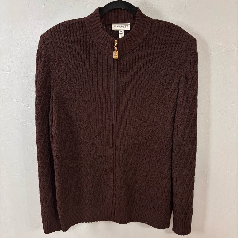 St John Sport EUC Knit Chocolate Brown Zipper Front Cardigan - Sz XL
